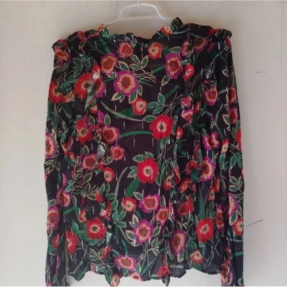 Anthro Misa Los Angeles Hibiscus Floral Ruffle Blouse with Metallic Threading - Picture 12 of 16